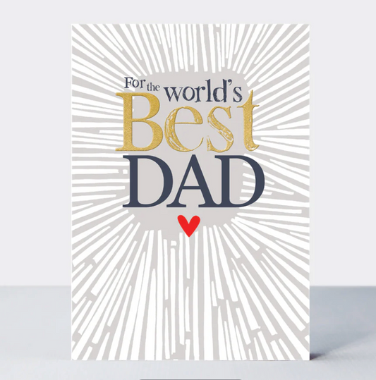 World's Best Dad card with gold and black lettering, a small red heart and a silver starburst