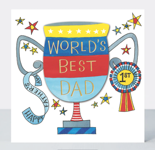 World's Best Dad Trophy card with a colourful illustrated trophy, stars and a rosette