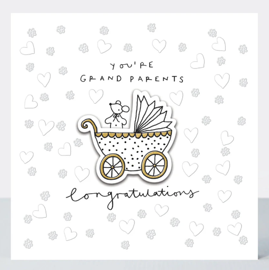 You're Grandparents 3D card with a vintage pram illustration, small hearts and congratulations