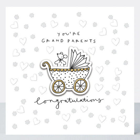 You're Grandparents 3D card with a vintage pram illustration, small hearts and congratulations