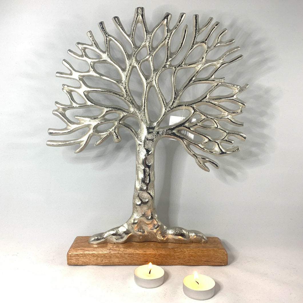 Silver Aluminium Tree Of Life (Wooden Base) 36cm