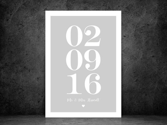 Personalised Date & Text Heart Print (Grey)