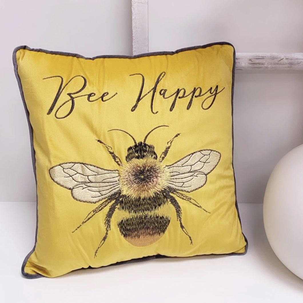 Embroidered Bee Happy Cushion