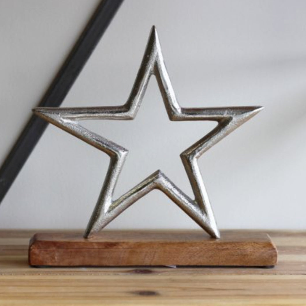 Metal Star on Wooden Base 22cm